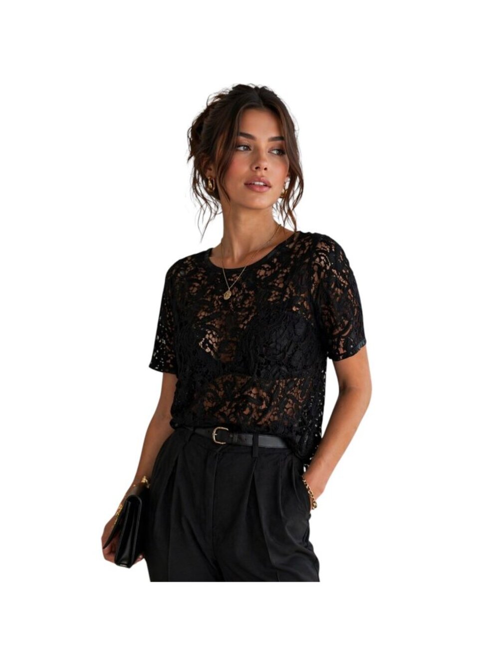 Loft Black Paisley Crochet Lace Overlay Top Cotton Size M Romantic Soft Glam